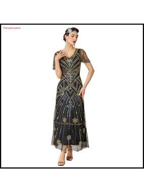 Flapper Dress 1920s V-Neck Sequin Beaded Maxi Evening Gown